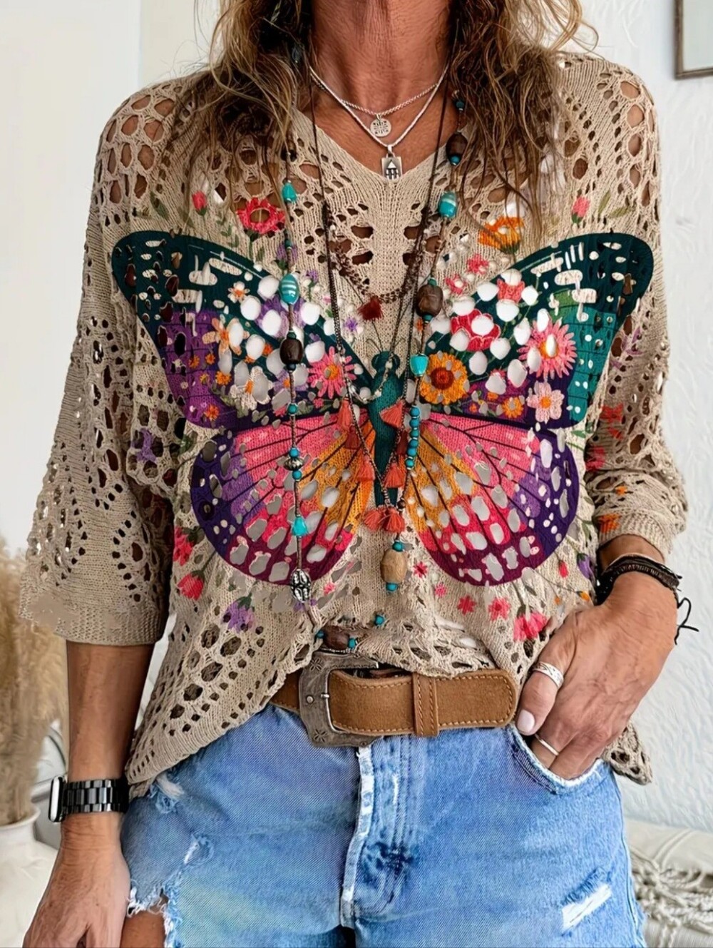 Plus Size, Bohemian Colored Butterfly Print Casual Seaside Vacation Style Top